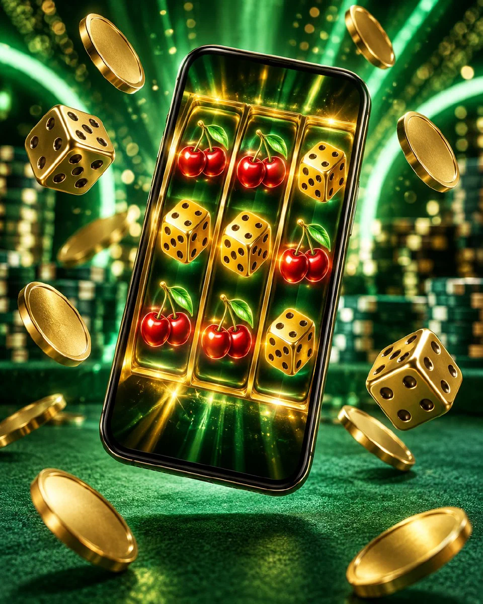 Smartphone met oplichtende slotrollen, dobbelstenen en gouden munten op groen vilt