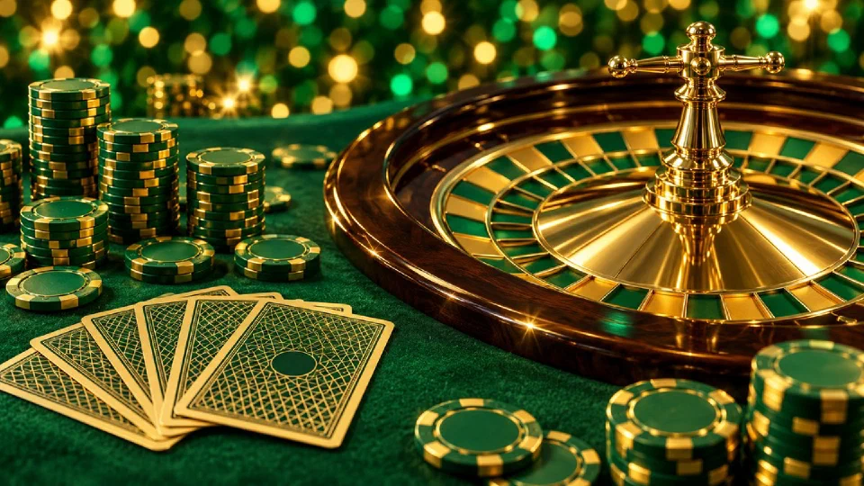 Casinotafel met roulette, kaarten en fiches onder warm goudlicht