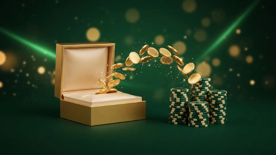 Gouden munten die uit een geschenkdoos naar een stapel casinofiches stromen
