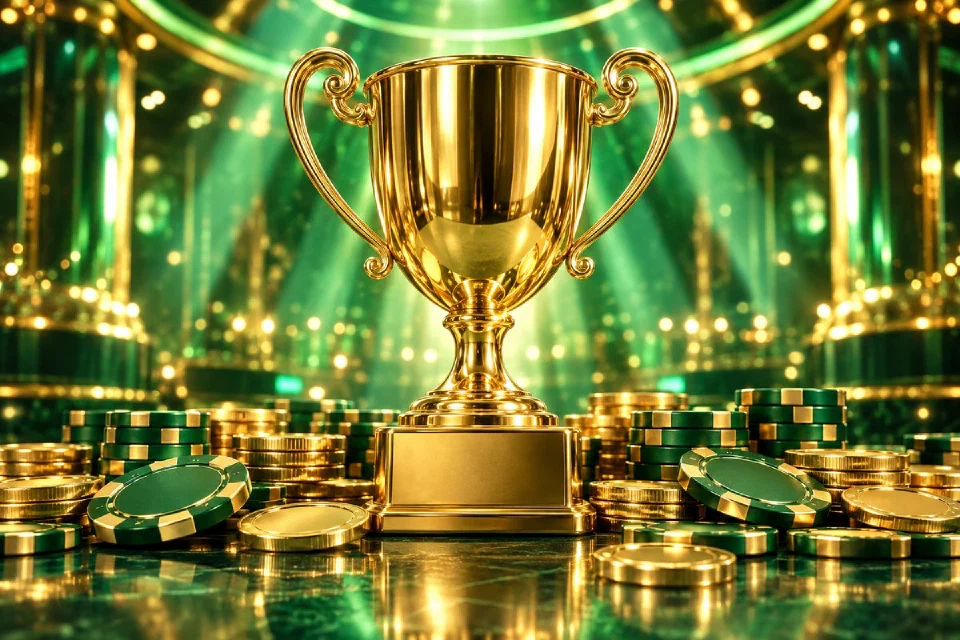 Gouden trofee tussen munten en casinofiches onder neonlicht