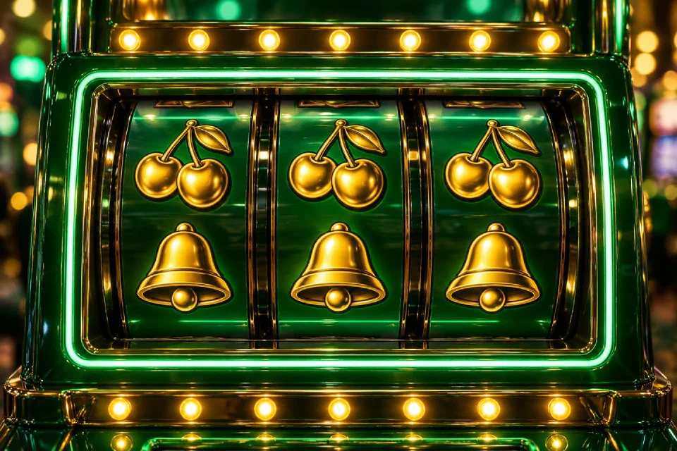 Gouden slotrollen met kersen en bellen in groen neonlicht