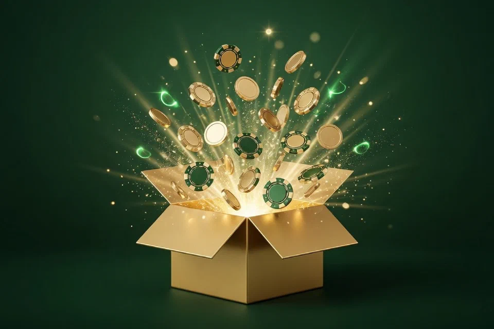Gouden munten en casinofiches die uit een geschenkdoos stromen