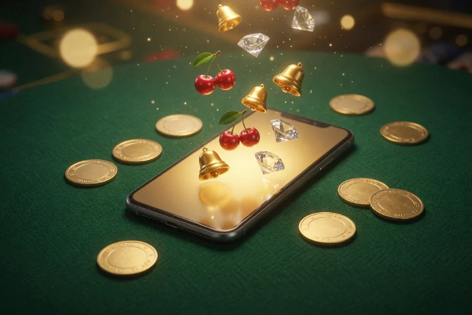 Smartphone met oplichtende slotrollen tussen gouden munten