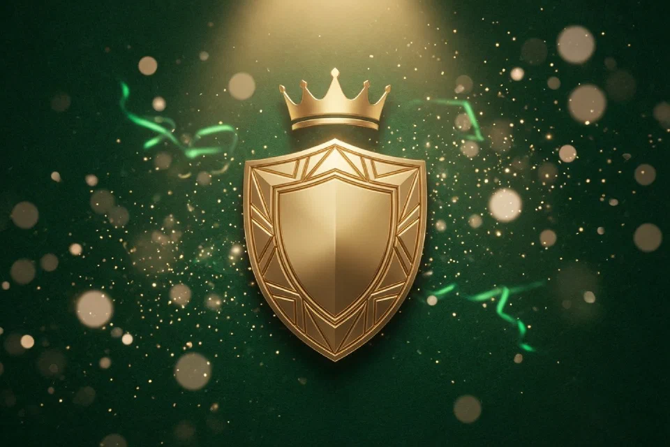 Gouden schild met een kroon boven een groen speltafelkleed
