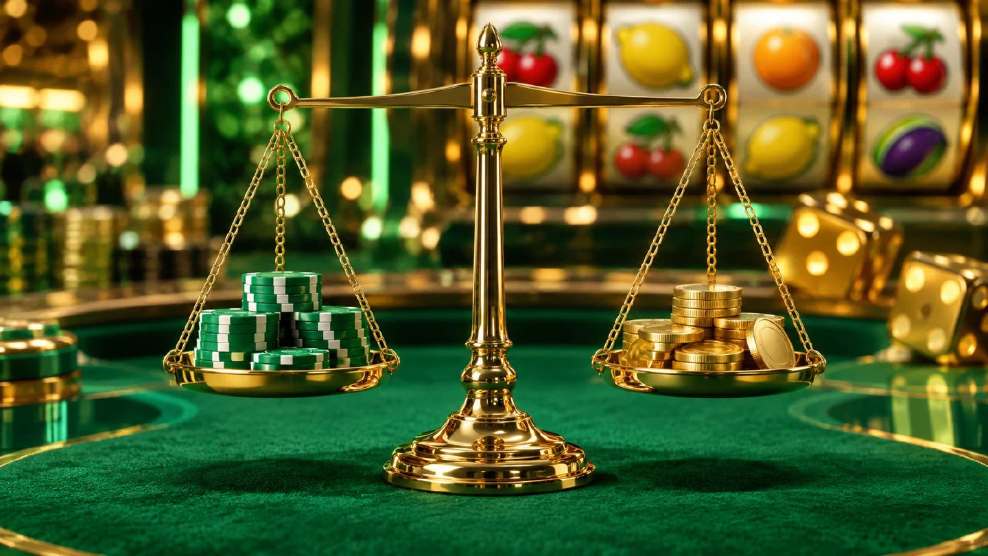 Gouden weegschaal met casinofiches en munten voor oplichtende slotrollen in groen en goud neonlicht