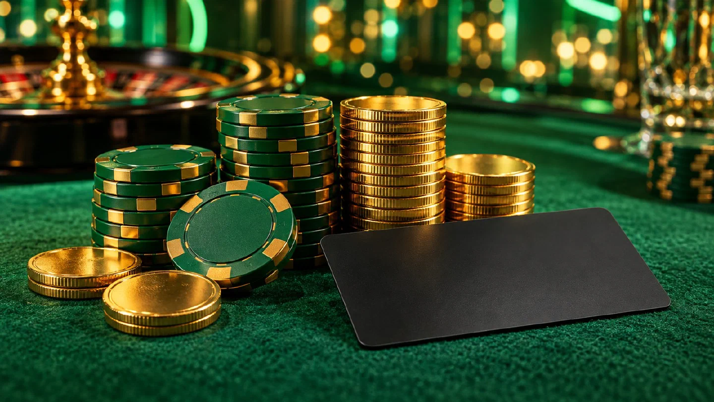Stapels gouden munten en casinofiches naast een betaalkaart met de achterkant naar boven op groen vilt