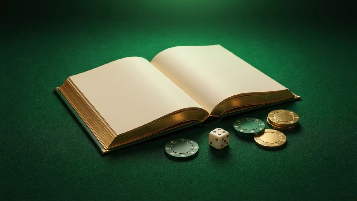 Opengeslagen boek met gouden rand naast casinofiches en een dobbelsteen op groen vilt