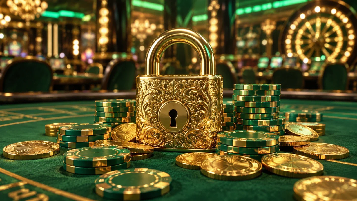 Gouden munten en casinofiches rond een oplichtend gouden hangslot op een groene speltafel