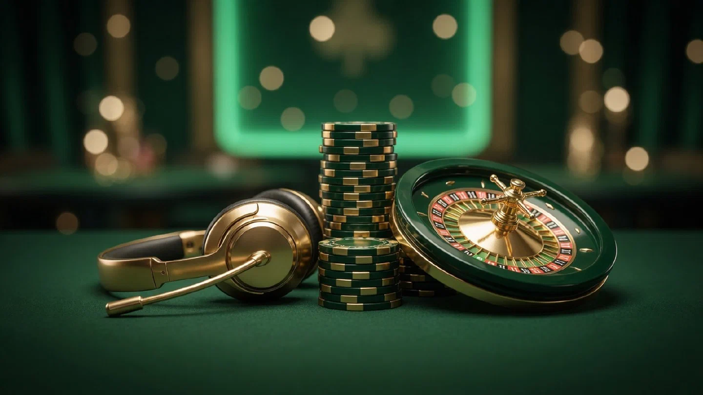 Gouden headset naast een stapel casinofiches en een glanzend roulettewiel