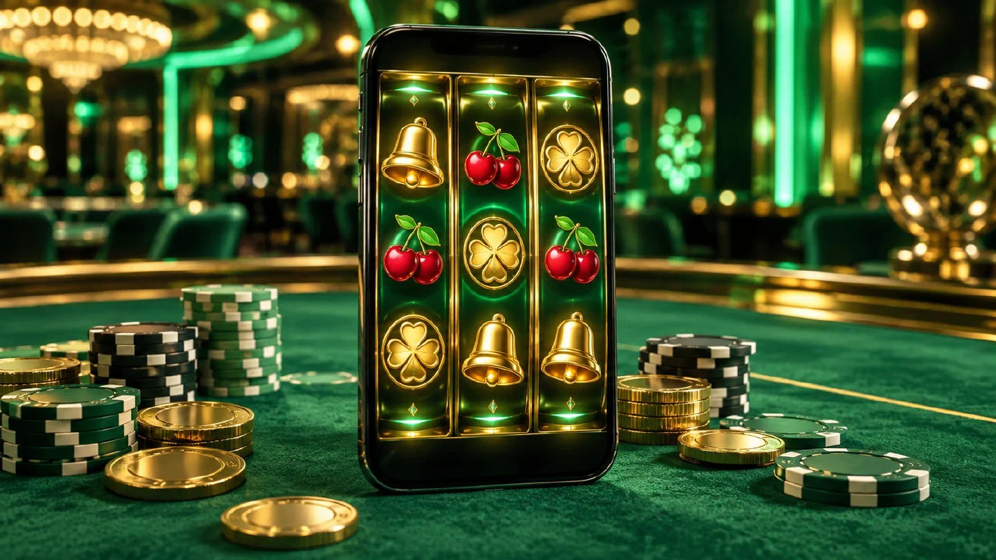 Smartphone met oplichtende slotrollen tussen gouden munten en casinofiches
