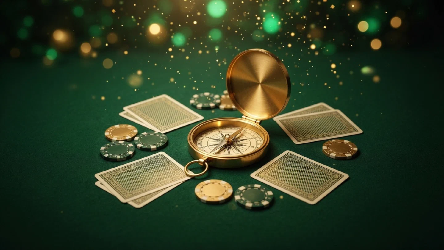 Gouden kompas op een groen speltafelkleed tussen speelkaarten en fiches