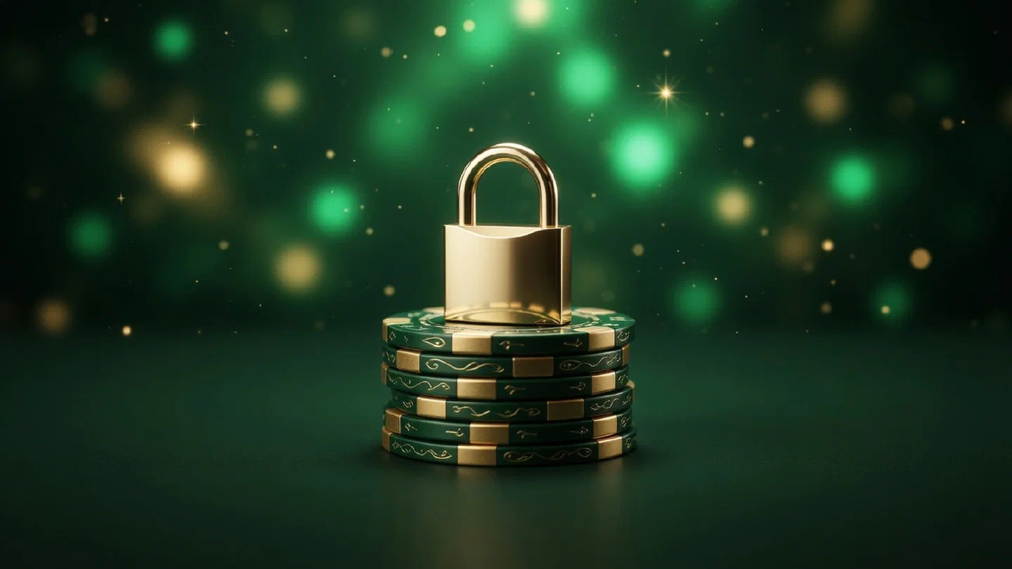 Gouden slot op een stapel casinofiches onder zacht groen licht