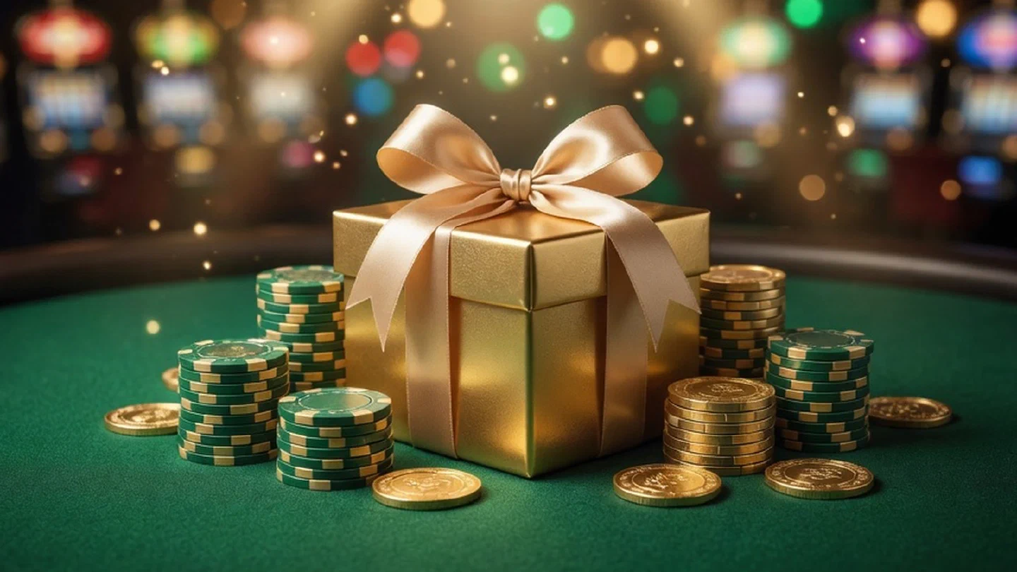 Gouden geschenkdoos tussen casinofiches en munten op een groen speltafelkleed