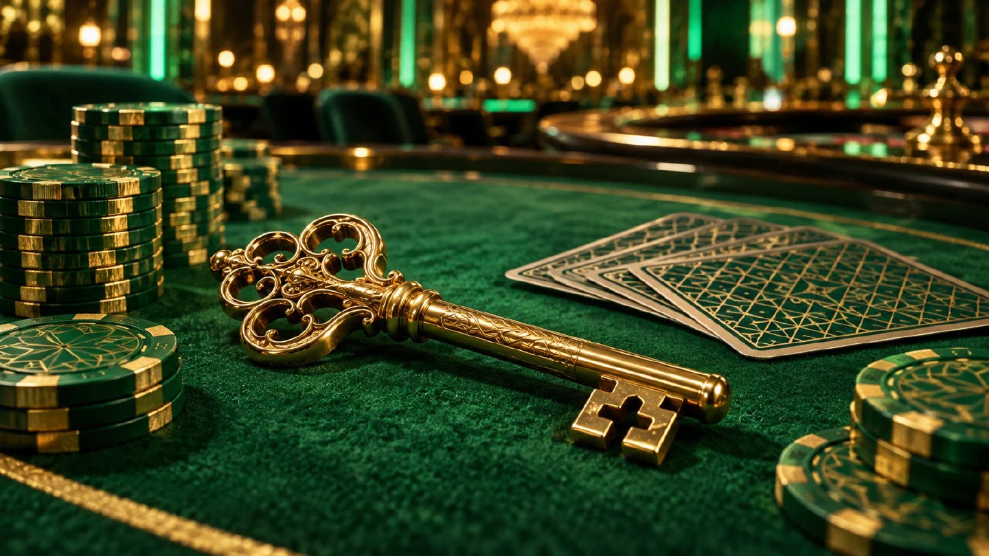 Gouden casinofiches en speelkaarten met de rug naar boven rond een gouden sleutel op groen vilt