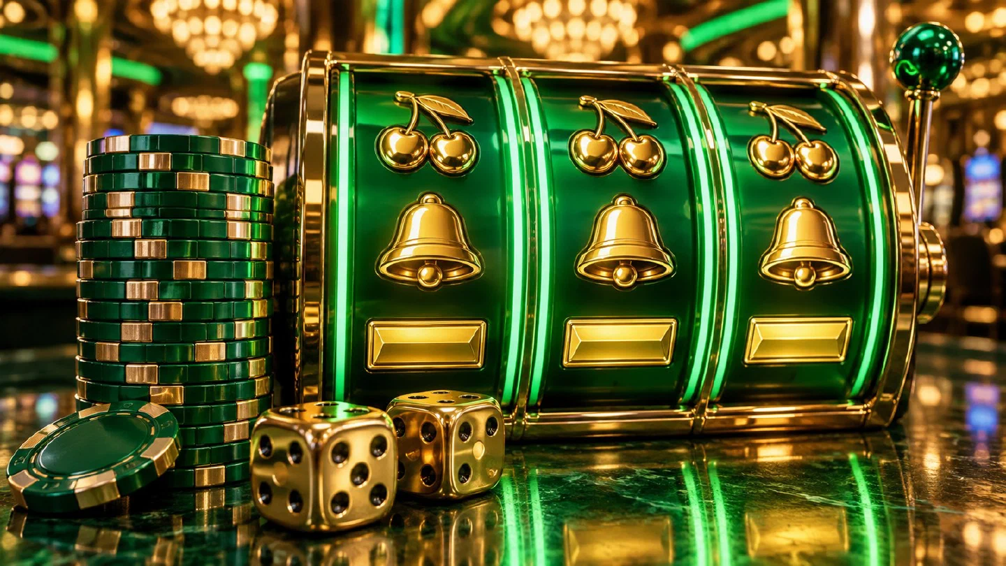 Neonverlichte slotrollen met gouden kersen en bellen naast een stapel casinofiches