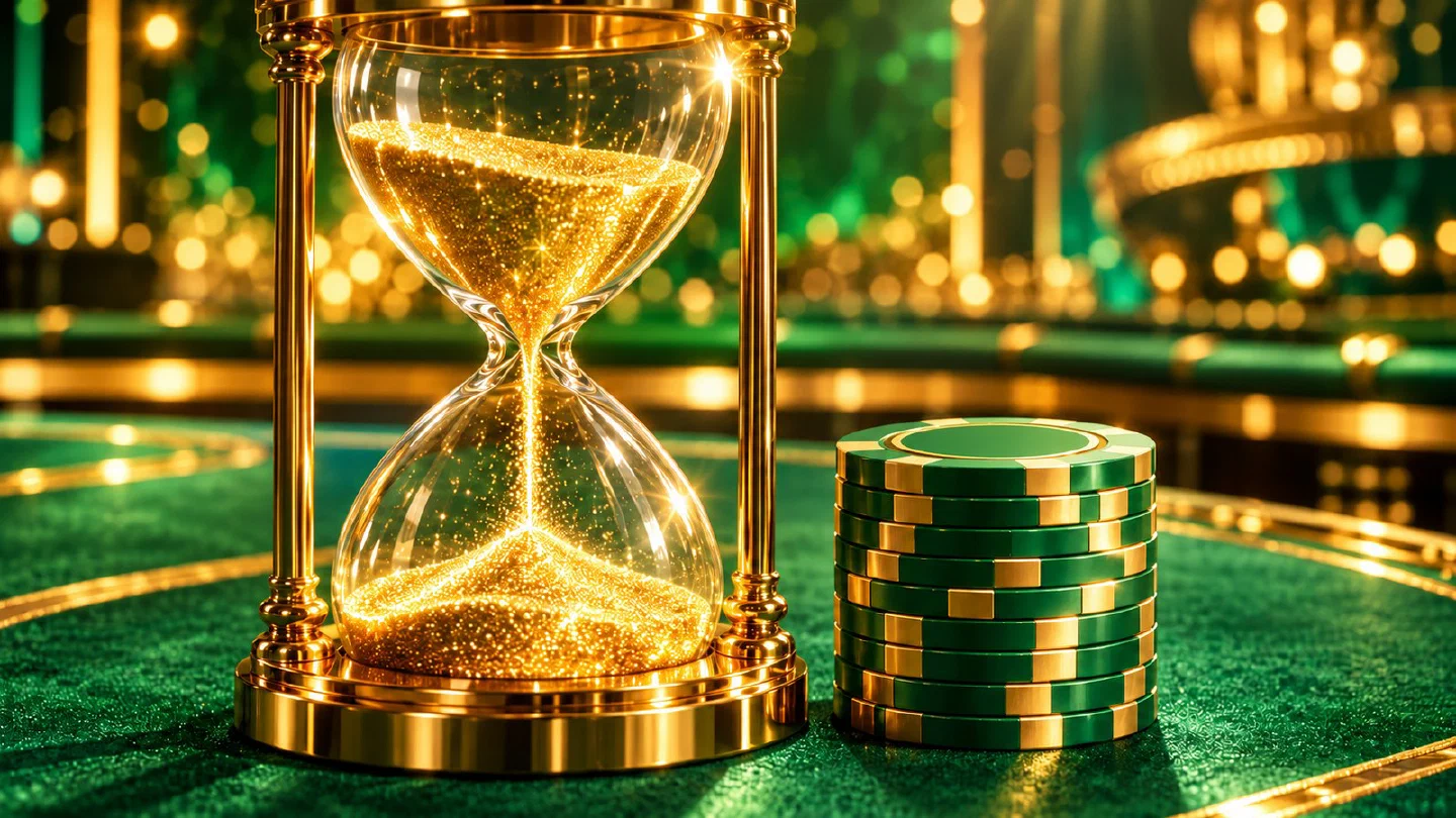 Zandloper met gouden zand naast een nette stapel casinofiches op groen vilt