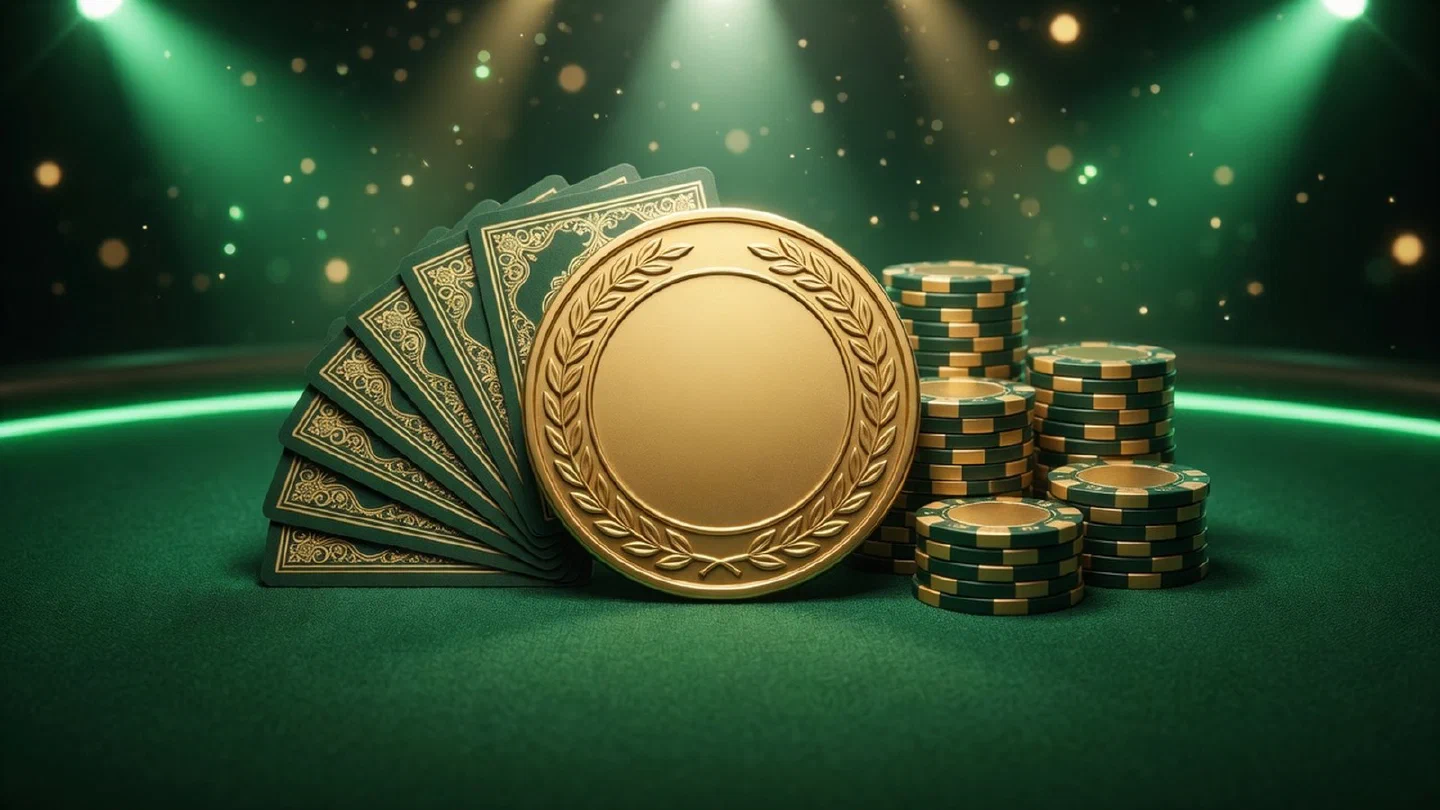 Gouden zegel tussen speelkaarten en fiches op een groen speltafelkleed onder heldere spots